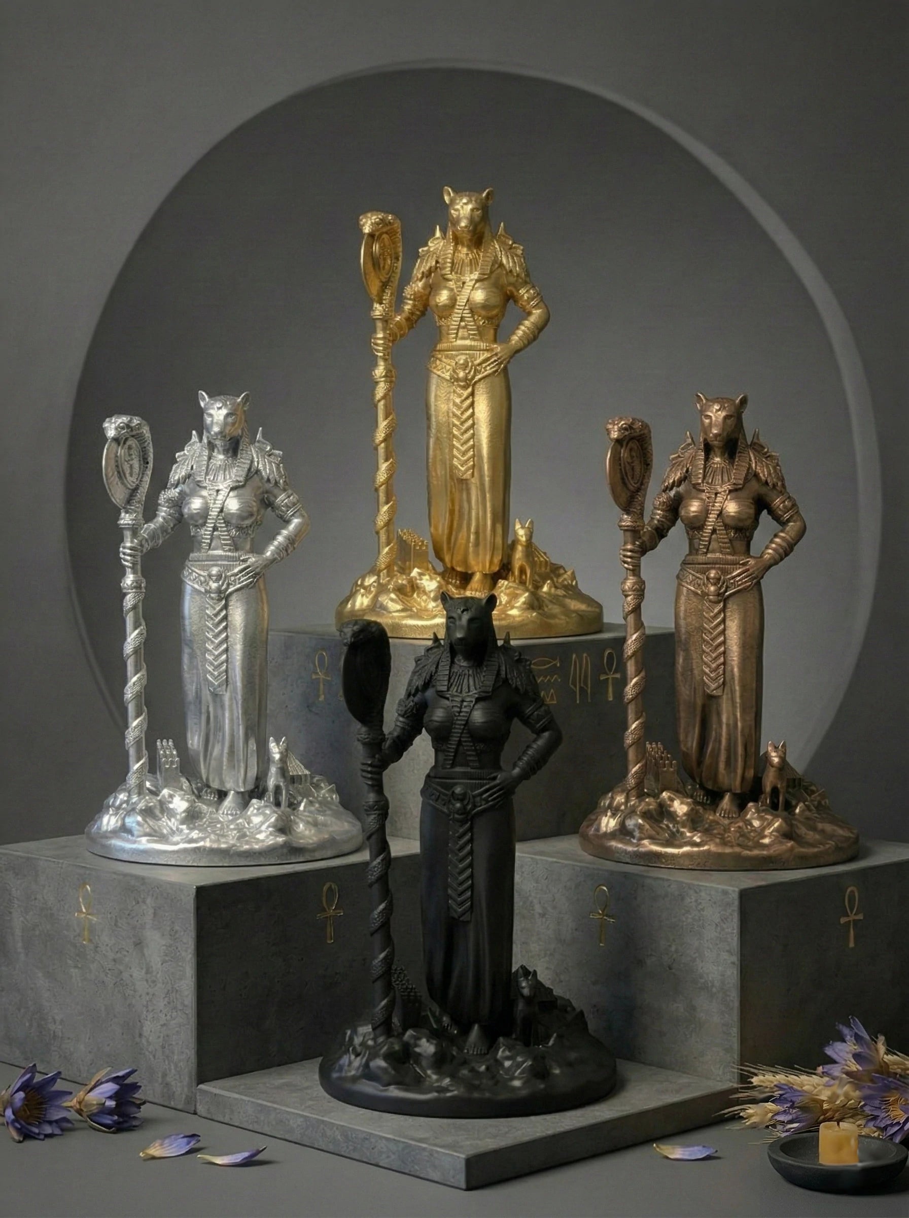 Bastet - Ägyptische Göttin - Handbemalte antike Goldstatue - Altardekoration