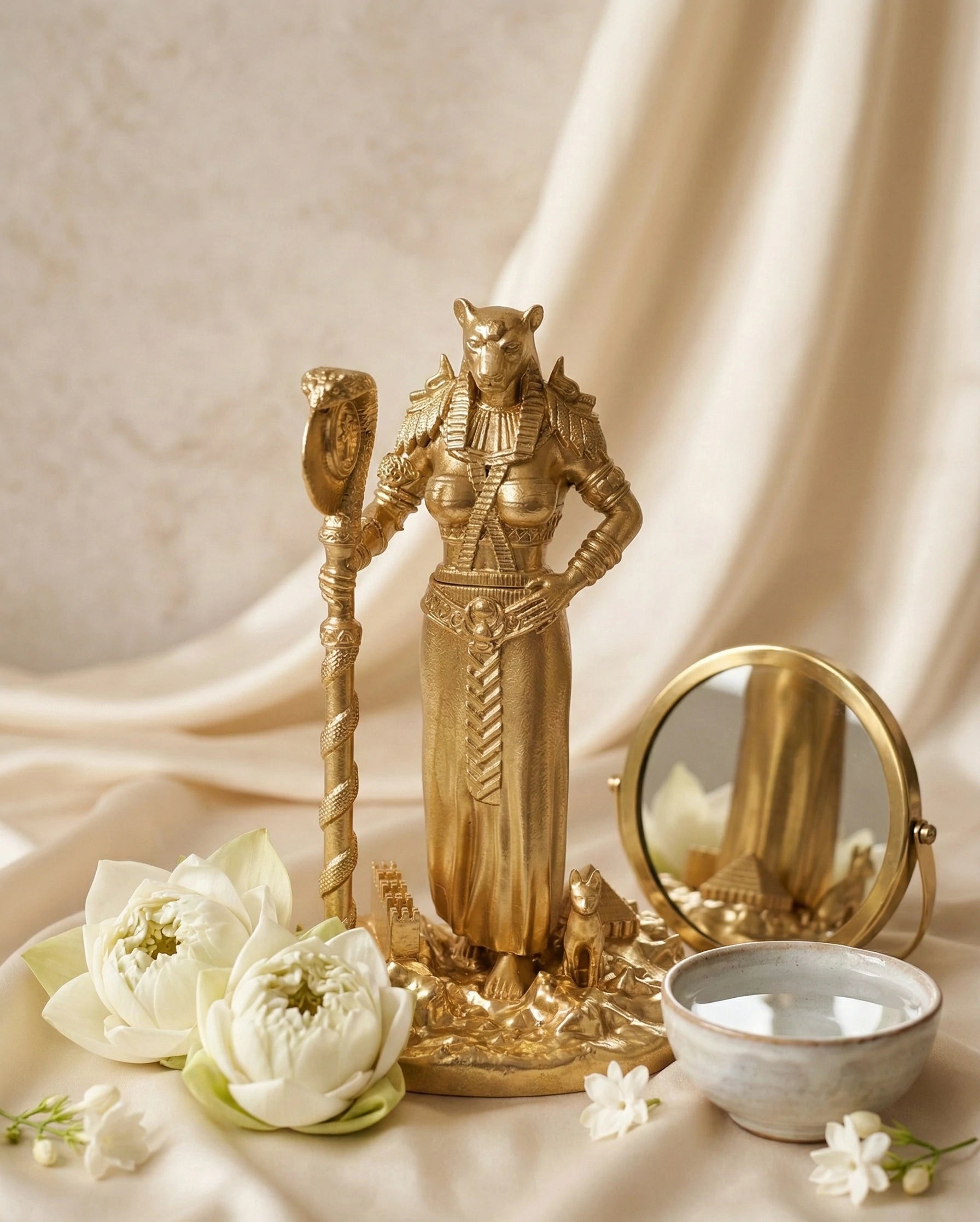 Bastet - Ägyptische Göttin - Handbemalte antike Goldstatue - Altardekoration