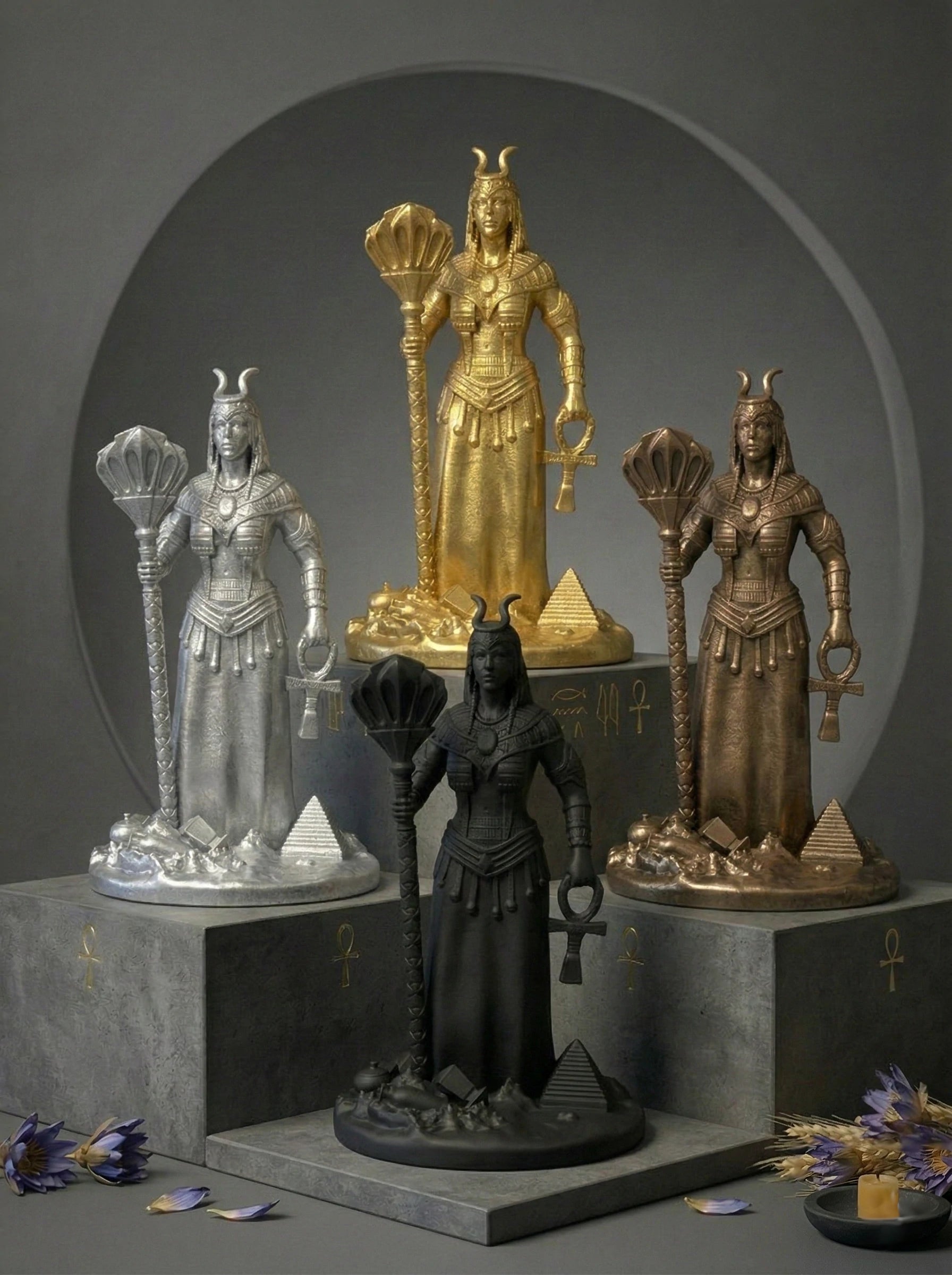 Isis - Ägyptische Göttin - Handbemalte antike Goldstatue - Altardekoration