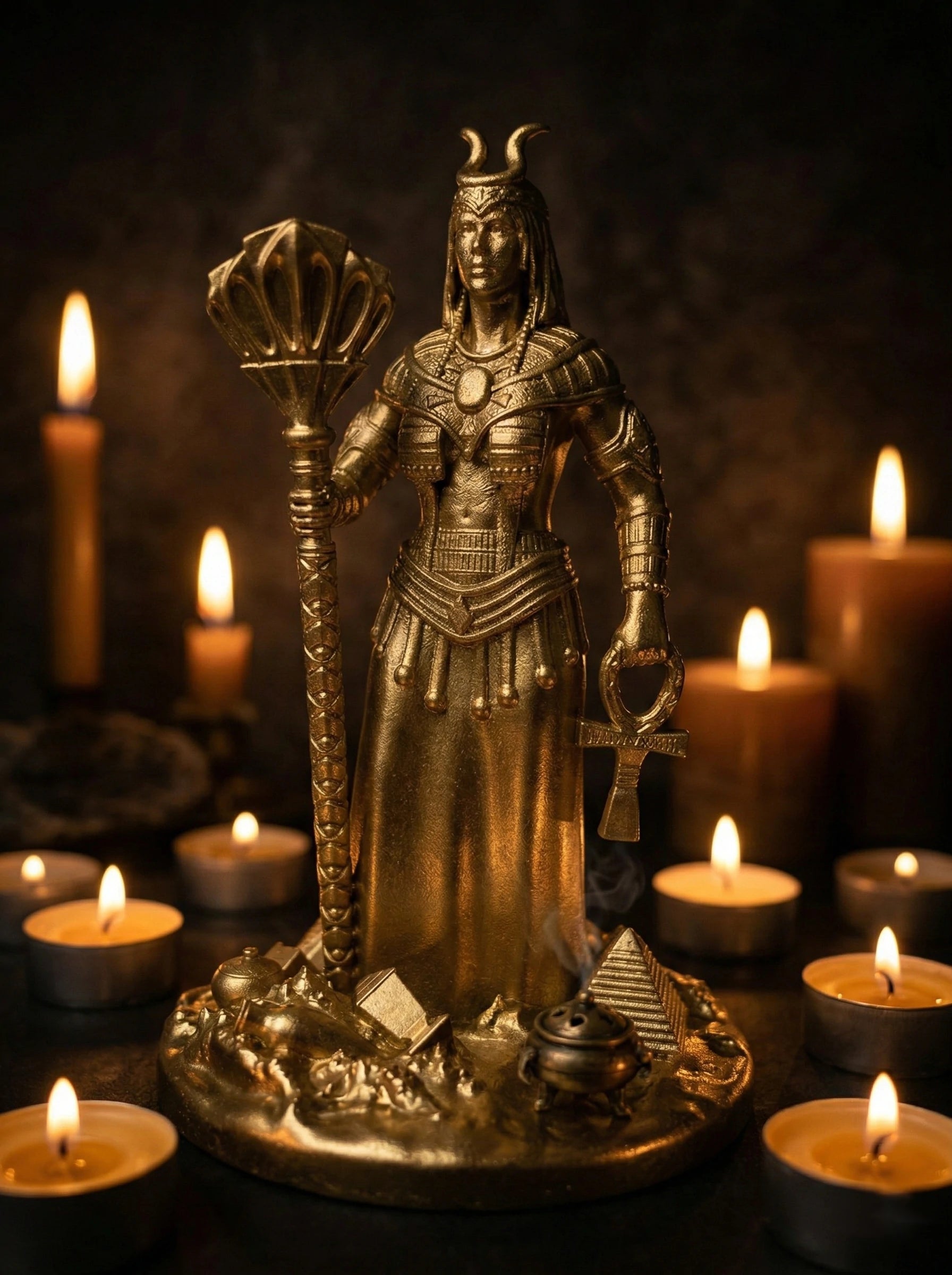 Isis - Ägyptische Göttin - Handbemalte antike Goldstatue - Altardekoration