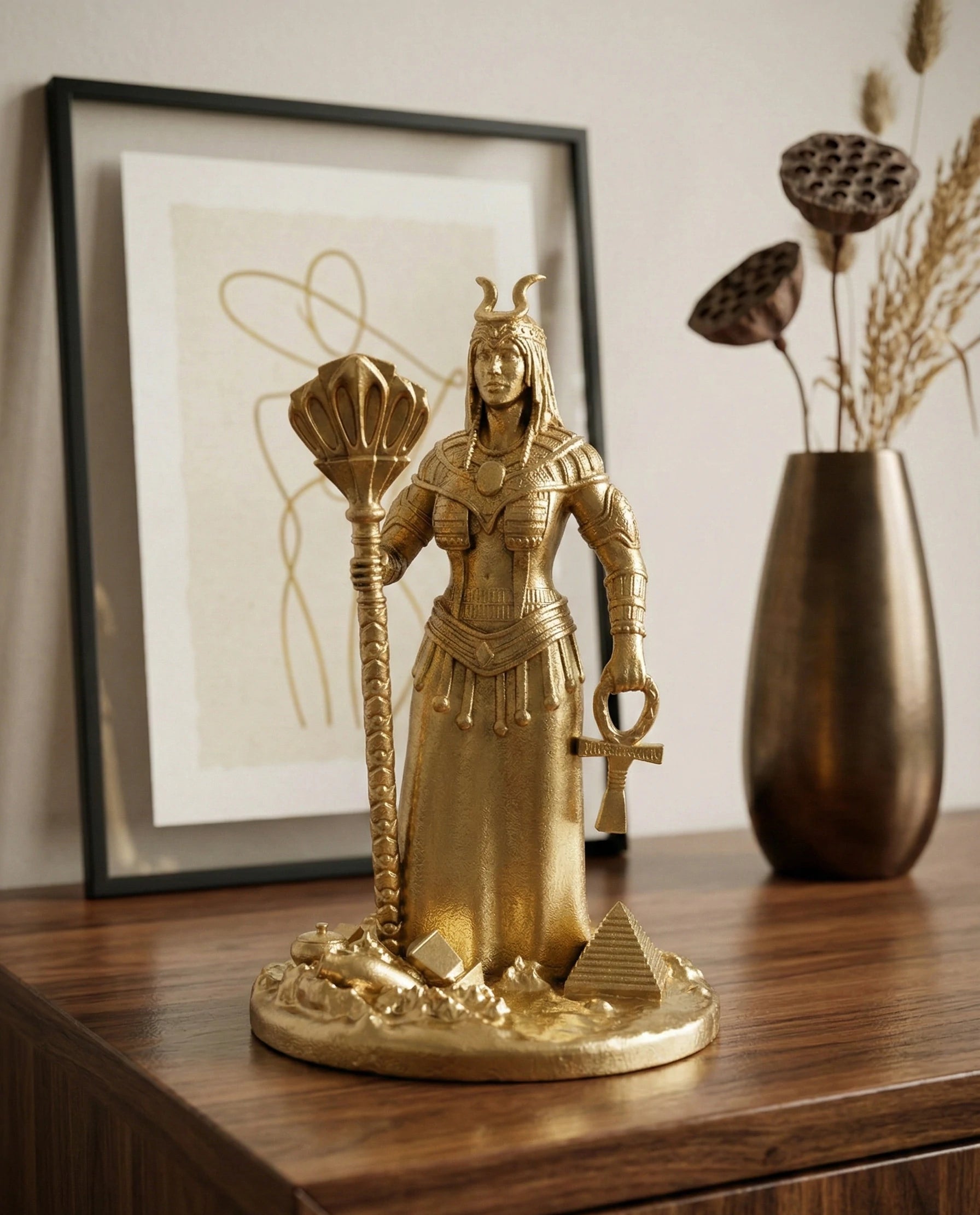 Isis - Ägyptische Göttin - Handbemalte antike Goldstatue - Altardekoration