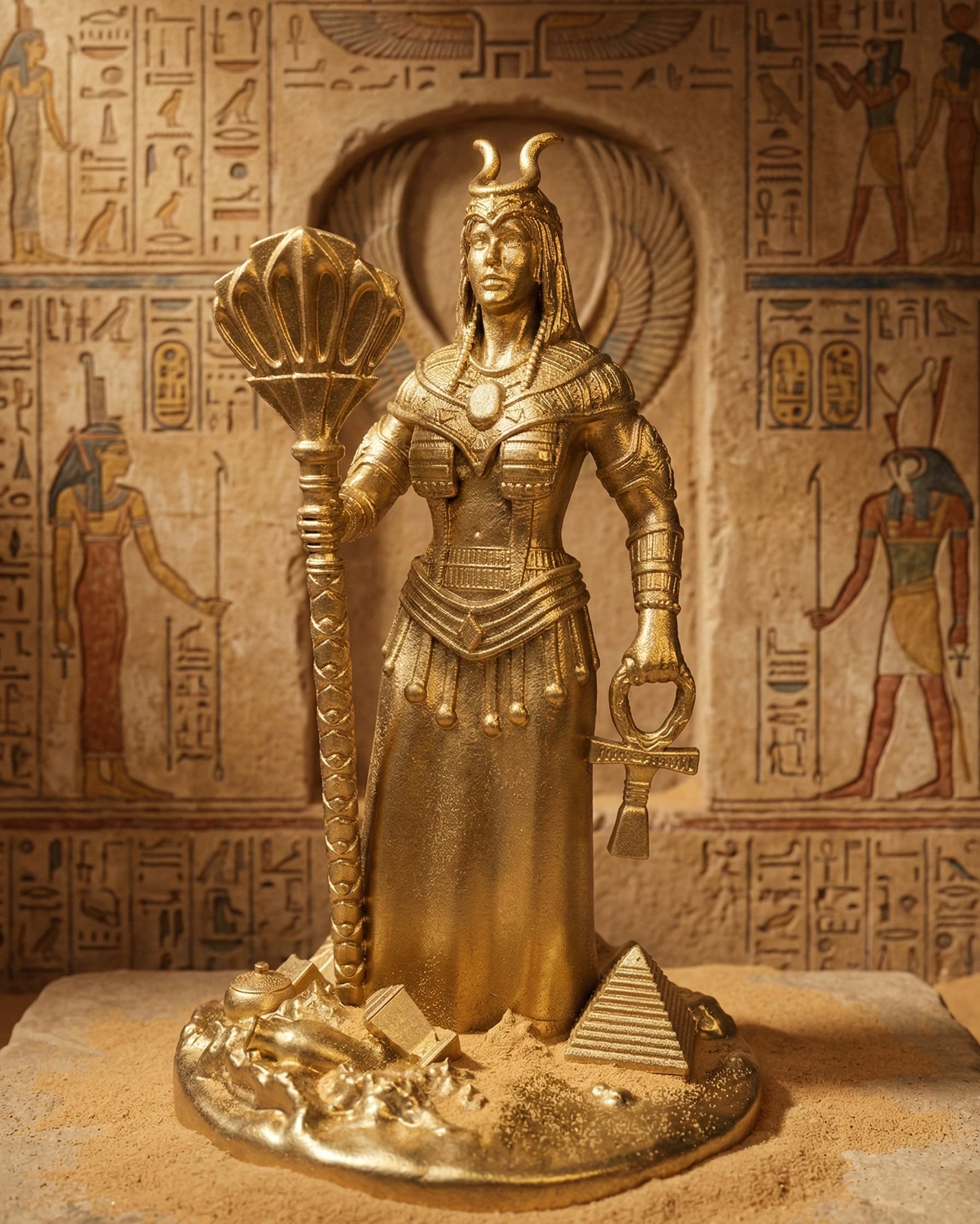 Isis - Ägyptische Göttin - Handbemalte antike Goldstatue - Altardekoration