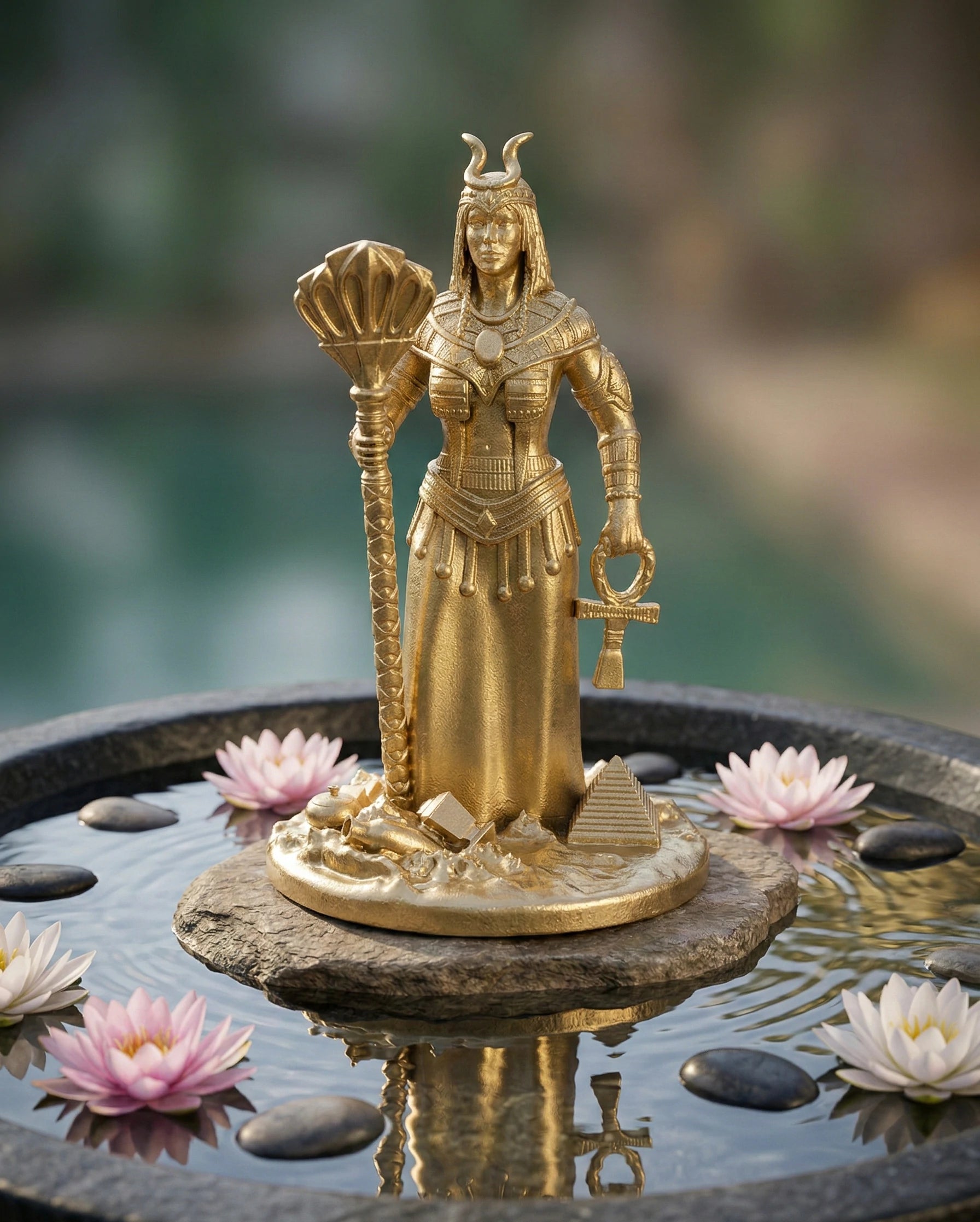 Isis - Ägyptische Göttin - Handbemalte antike Goldstatue - Altardekoration