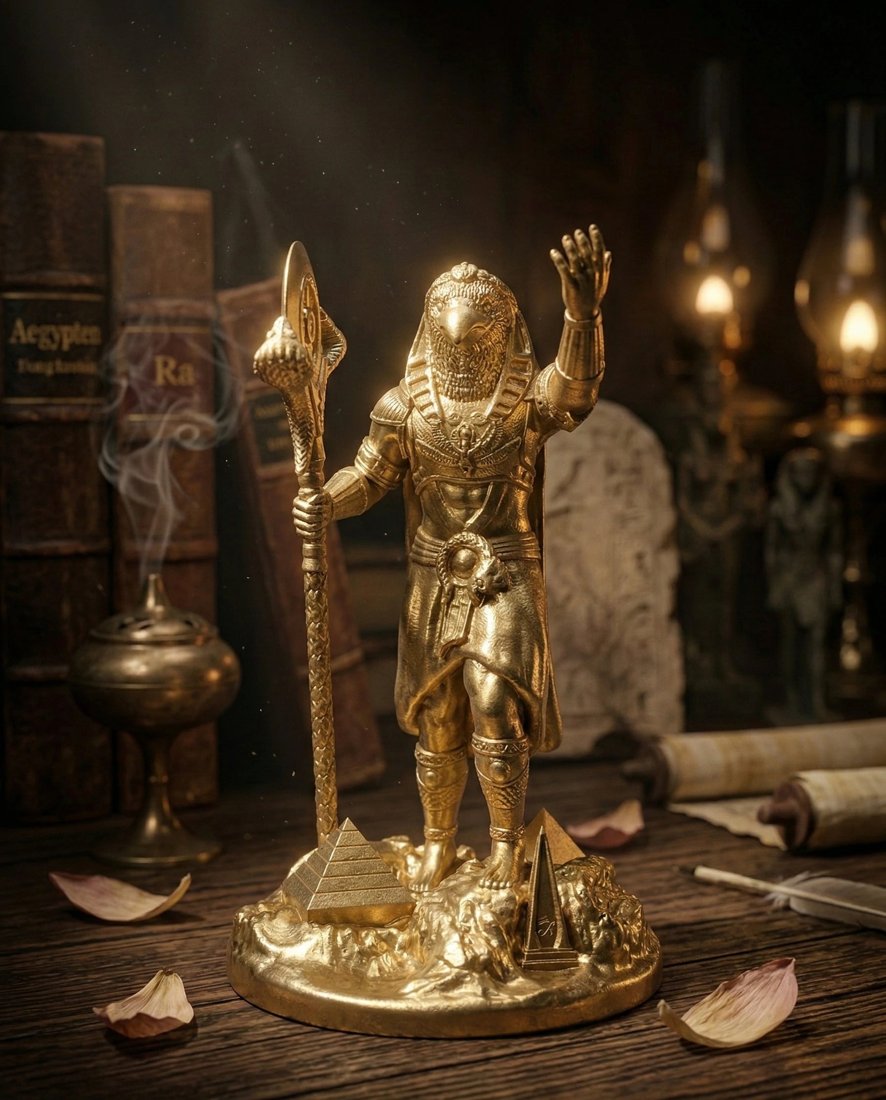 Ra - Ägyptischer Gott - Handbemalte antike Goldstatue - Altardekoration
